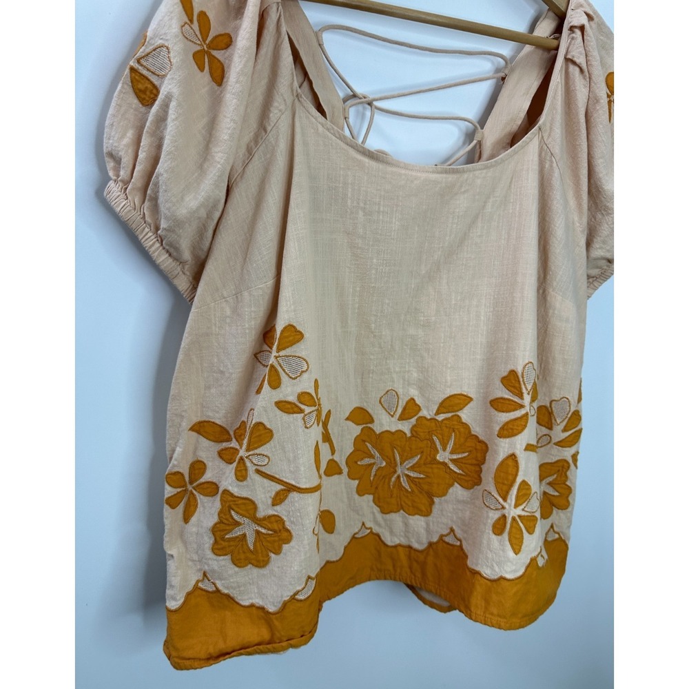 Madewell Embroidered Flower Puff Sleeve Cotton Lace-Up Back Top Plus Size 1X - Picture 6 of 13